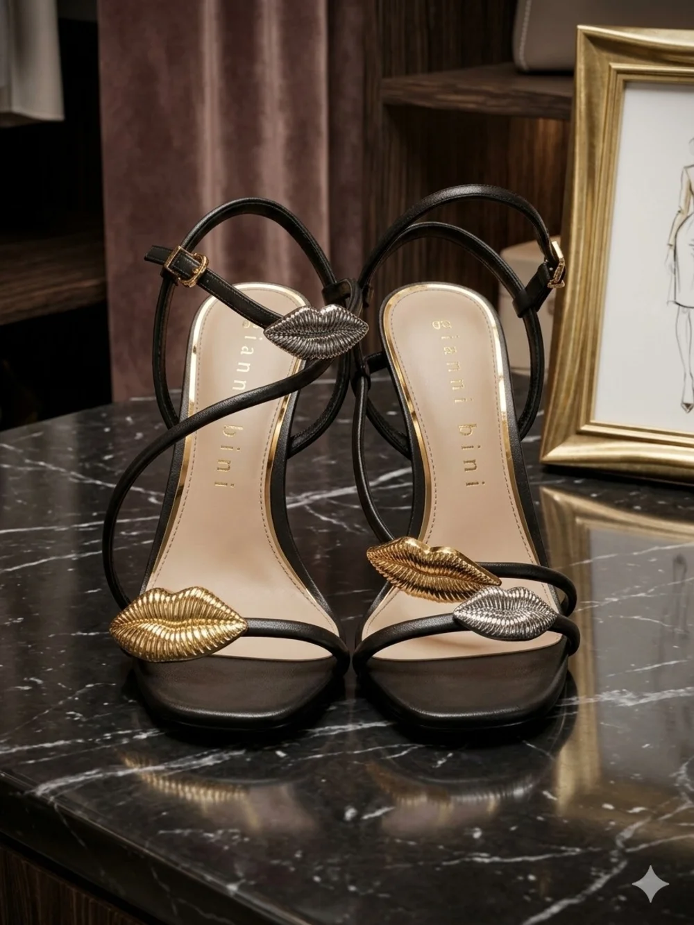 Gianni Bini Carletta Black Strappy Heels with Gold & Silver Lip Accents Size 6
